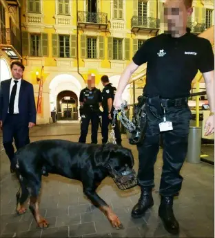  ?? (Photo Franck Fernandes) ?? Les maîtres-chiens de la société de sécurité privée Tamaris, hier soir, sur la place Garibaldi.