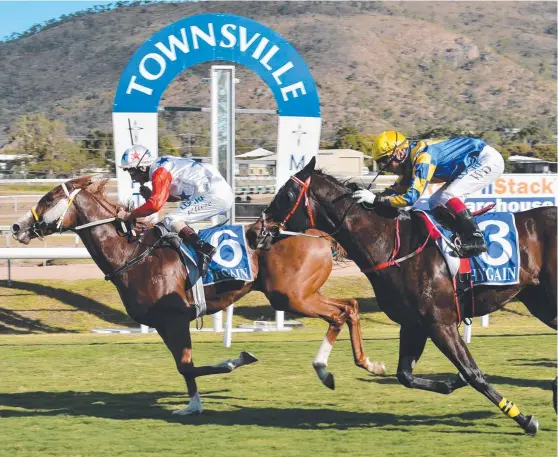  ?? Picture: FIONA HARDING ?? EDGED AHEAD: Ladies Day Bracelet winner number Starante, with Vo Treasure coming a close second at Cluden Park on Saturday.