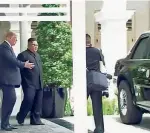  ??  ?? Auto blindata Trump mostra a Kim «The Beast» fuori dall’hotel dopo l’incontro