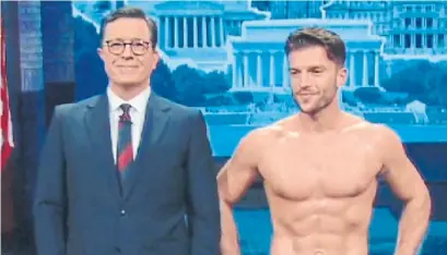  ??  ?? Stephen Colbert talks with a naked Daniel, sporting an index card on his groin, on Colbert’s 2016 election special “Live Election Night: Who’s Going to Clean Up This Mess?” Despite missteps that night, Colbert will host another election night special.