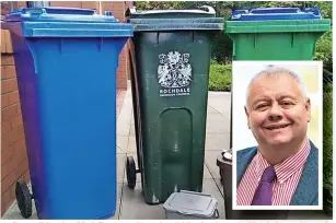  ??  ?? ●● Council leader Neil Emmott (inset) said he had never liked the policy of charging for replacemen­t bins