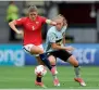  ?? AFP ?? Maren Mjelde (left) of Norway vies for the ball with Janice Cayman of Belgium. —