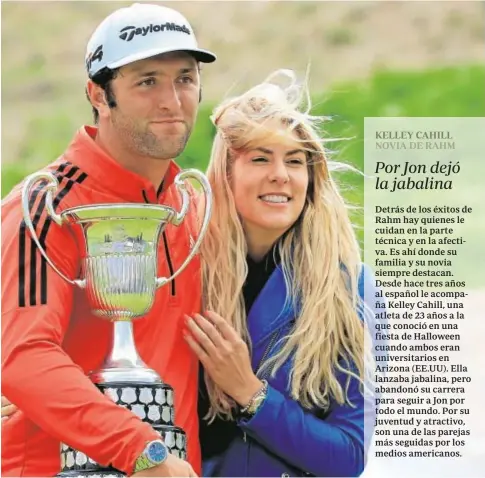  ?? EFE ?? Jon Rahm abraza el trofeo del Open de España junto a su novia, Kelley Cahill