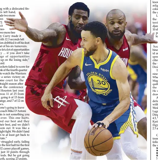  ?? AFP ?? Stephen Curry of Golden State moves around Austin Rivers of Houston during Game 6 of the Western Conference semifinals Friday in Houston, Texas.