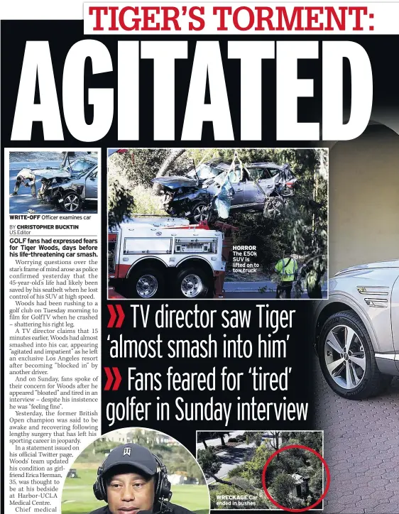  ??  ?? WRITE-OFF Officer examines car
HORROR The £50k SUV is lifted on to tow truck
WRECKAGE Car ended in bushes