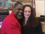  ??  ?? Christina Carr, a native of Lansdale and a North Penn High School graduate, and James Stanton, of Philadelph­ia, exchanged marriage vows at the Montgomery County Courthouse on Valentine’s Day. “It was meant to be. This is the day of love,” James said.