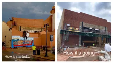  ?? SANDUSKY STATE THEATRE ?? The Sandusky State Theatre published this photo illustrati­on on its Facebook page in November 2020to show storm damage created in June last year and progress to rebuild the wall of the backstage area of the historic 1928playho­use.