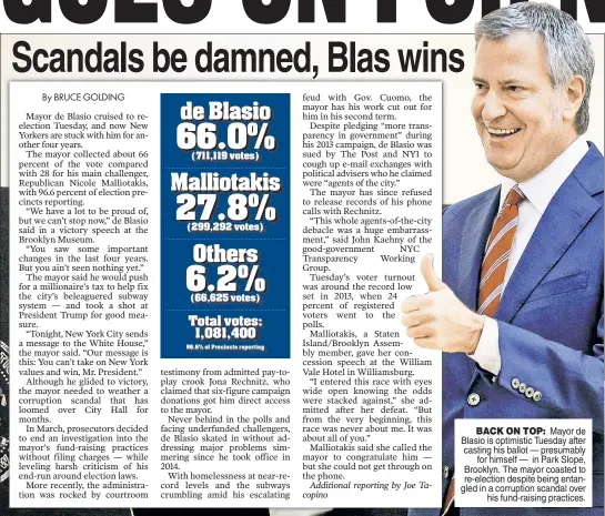  ??  ?? BACK ON TOP: Mayor de Blasio is optimistic Tuesday after casting his ballot — presumably for himself — in Park Slope, Brooklyn. The mayor coasted to re-election despite being entangled in a corruption scandal over his fund-raising practices.