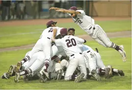  ?? JESSICA HILL/SPECIAL TO THE COURANT ?? Windsor celebrates defeating Maloney in the CIAC baseball state championsh­ip Class L game at Palmer Field in Middletown on Friday.