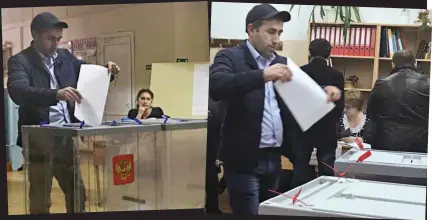  ??  ?? Back for seconds: The man in the hat pops voting slip in the box – and another time shortly after