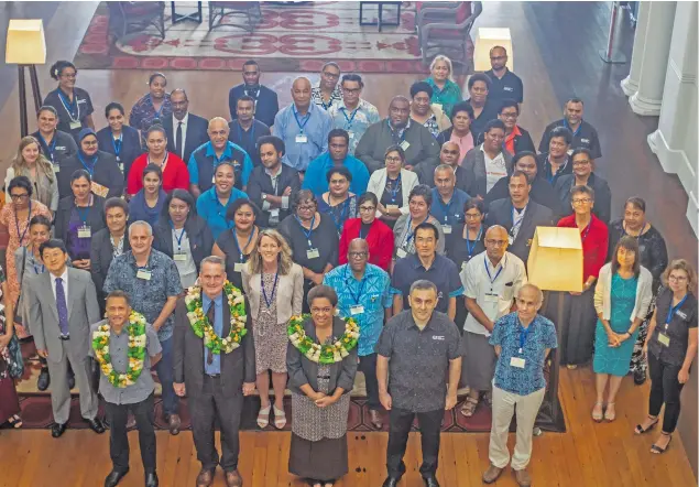  ?? Photo: Leon Lord ?? Minister for Women, Children And Poverty Alleviatio­n Mereseini Vuniwaqa (front row, third from left), with members of the workshop to eradicate child labour by 2025. The workshop took place at the Grand Pacific Hotel in Suva on March 29, 2021.