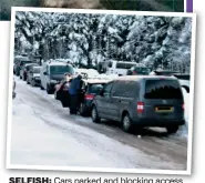  ??  ?? SELFISH: Cars parked and blocking access last month along the Spittal of Glen Muick road