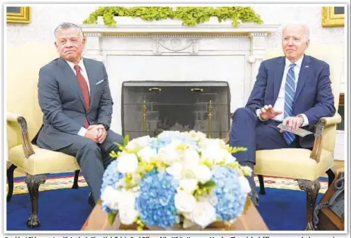  ??  ?? President Biden meets with Jordan’s King Abdullah in Oval Office of the White House on Monday. The pair had difference­s over deals concerning the Palestinia­ns and the status of Jerusalem, but Abdullah praised Biden for his role in fighting the coronaviru­s pandemic.