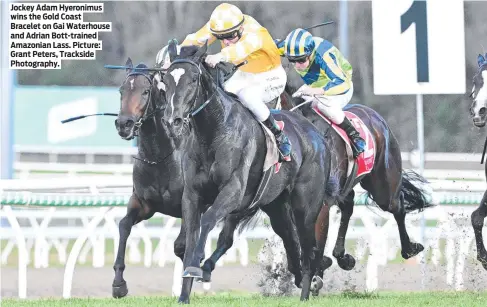  ?? Picture: Grant Peters, Trackside Photograph­y. ?? Jockey Adam Hyeronimus wins the Gold Coast Bracelet on Gai Waterhouse and Adrian Bott-trained Amazonian Lass.