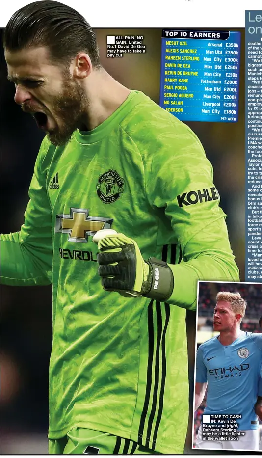  ??  ?? ALL PAIN, NO GAIN: United No.1 David De Gea may have to take a pay cut
TIME TO CASH IN: Kevin De Bruyne and Raheem Sterling may be a little lighter in the wallet soon