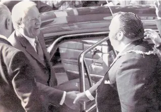  ?? Picture: ROSS PARRY ?? Edward Heath shakes hands with Peter Jaconelli at a civic function in the 1970s