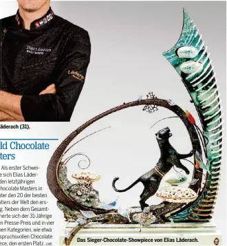  ?? LME ?? Chocolatie­r Elias Läderach (31).
Das Sieger-Chocolate-Showpiece von Elias Läderach.