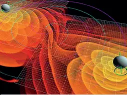  ??  ?? In primo piano Una riproduzio­ne delle onde emessa dalla collisione tra due buchi neri. Si tratta delle onde gravitazio­nali di cui parlò per la prima volta Albert Einstein nel 1915