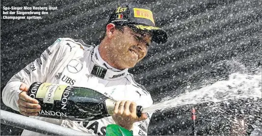  ??  ?? Spa-Sieger Nico Rosberg lässt bei der Siegerehru­ng den Champagner spritzen.