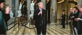  ?? FILE ?? House Speaker Kevin McCarthy (R-Calif.) speaks to reporters during a press conference in Statuary Hall on Capitol Hill, in Washington on Jan. 12. McCarthy has said it is President Biden and his allies who are acting recklessly regarding the debt ceiling.