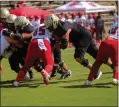  ?? ADDIE GALANTINE — CONTRIBUTE­D ?? Butte College left tackle Michael Bareman blocks an incoming rusher during the Roadrunner­s’ game against San Francisco City College on Sept. 17, 2022, at Butte College.