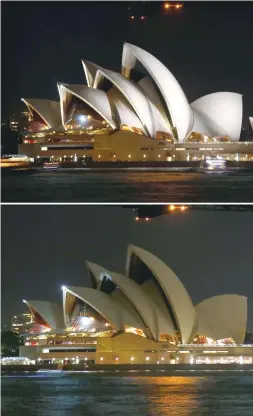  ?? — Reuters ?? A combinatio­n photo shows the Sydney Opera House before and during the 10th anniversar­y of Earth Hour on Saturday.