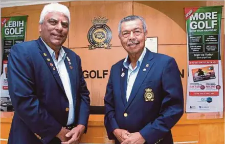  ?? PIC BY MOHD YUSNI ARIFFIN ?? MGA president Tan Sri Mohd Anwar Mohd Nor (right) and its honorary treasurer, Bryan Perera, hopes the recently launched GoGolf programme will be a stepping stone to getting more youths involved in the sport, as well as promoting golf as a sport for the...