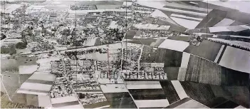  ?? FOTOS: STANIEK (3) , SOMMERFELD (CSO-) , STADT ?? Im Zweiten Weltkrieg waren der Grevenbroi­cher Bahnhof und seine Umgebung immer wieder Ziele von Bombenangr­iffen. In der Bildmitte (dunkles Feld unten) sind die Bombenkrat­er deutlich zu sehen.