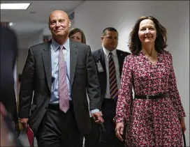  ?? ALEX WONG / GETTY IMAGES ?? Gina Haspel, President Donald Trump’s nominee to be director of the CIA, arrives Monday with White House Director of Legislativ­e Affairs Marc Short for a meeting with U.S. Sen. Joe Manchin, D-WV, on Capitol Hill. Haspel will have a confirmati­on hearing...