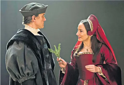  ??  ?? Tailored to fit: Ben Miles as Thomas Cromwell and Lydia Leonard as Anne Boleyn in the RSC’S Wolf Hall. Below: Christophe­r Oram’s original sketches