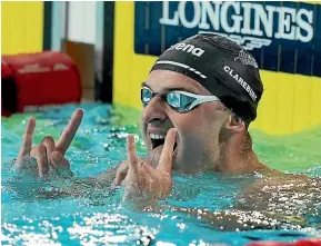  ?? AP/GETTY IMAGES ?? Lewis Clareburt receives the plaudits of South African swimming great Chad Le Clos after pipping the former Olympic champion in the 200m butterfly in Birmingham yesterday, his second gold medal. Inset: Clareburt’s coach Gary Hollywood.