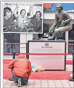  ?? AP (2) ?? PAYING RESPECTS: A fan says a prayer in front of the Guy Lafleur statue outside Montreal’s Bell Centre on Friday. Lafleur led the Canadiens to five Stanley Cup titles, including in 1977 when he won the Conn Smythe MVP (inset, with Serge Savard on left, and Yvan Cournoyer on right).
