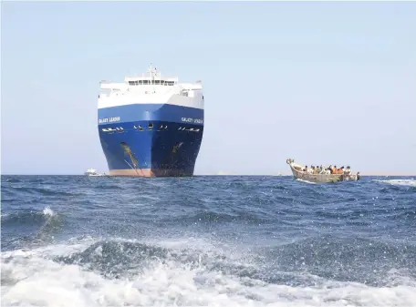  ?? EPA ?? The Galaxy Leader cargo ship, seized by Houthi rebels in the Red Sea last year, is moored near the Yemeni port city of Hodeidah