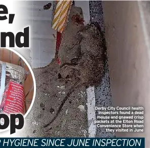  ?? ?? Derby City Council health inspectors found a dead mouse and gnawed crisp packets at the Elton Road Convenienc­e Store when they visited in June