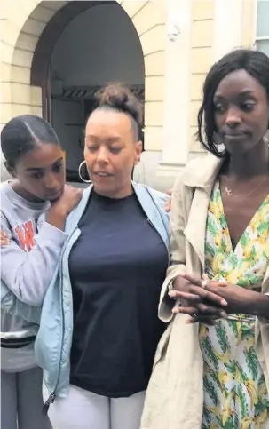  ??  ?? Left to right, Jama Powell’s cousin Tanika, sisters Natalie and Layla and aunt Ermine speaking outside court