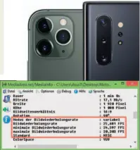  ??  ?? Spitzen-Smartphone­s wie das iPhone 11 Pro oder Samsungs Galaxy Note 10 Plus haben mehrere Objektive eingebaut, darunter ein Tele für Portraits.
Die kostenlose Software MediaInfo (www.mediaarea.net) findet schnell heraus, ob Ihr Video an der variablen Frame Rate (VFR) leidet. Öffnen Sie darin einfach Ihren Film, und gehen
Sie unter Ansicht auf Text.