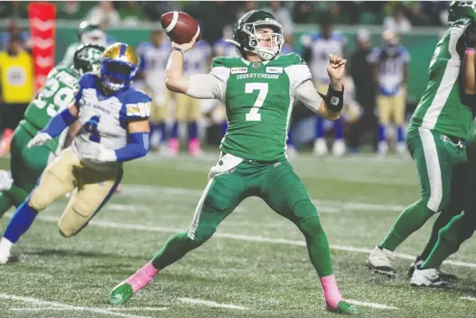  ?? BRANDON HARDER/ FILES ?? Roughrider­s quarterbac­k Cody Fajardo was a CFL all-star and the West Division's most outstandin­g player in 2019. He is also hugely popular in Saskatchew­an.