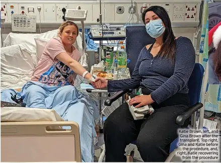  ?? ?? Katie Brown, left, and Gina Brown after the transplant. Top right, Gina and Katie before the procedure, and, right, Katie recovering from the procedure