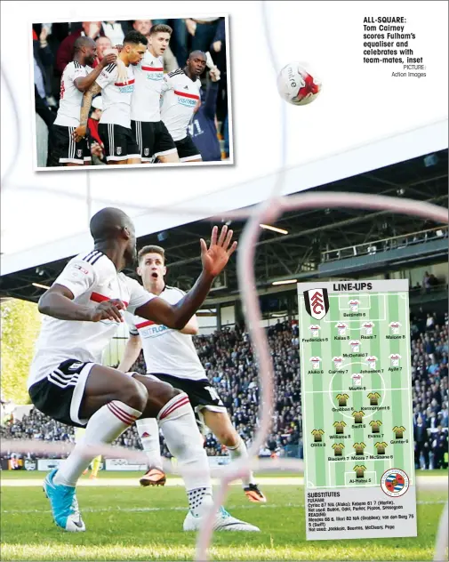  ?? PICTURE: Action Images ?? ALL-SQUARE: Tom Cairney scores Fulham’s equaliser and celebrates with team-mates, inset
