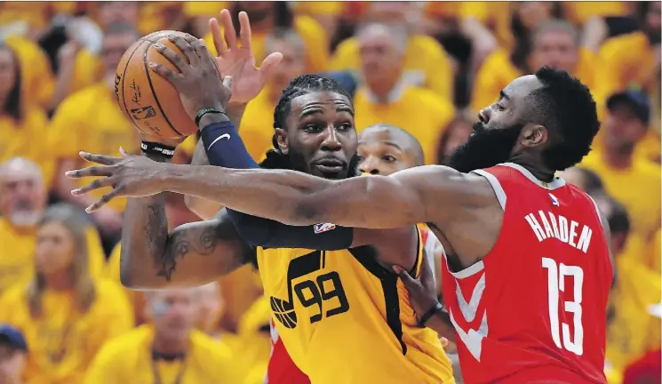  ?? GENE SWEENEY JR./GETTY IMAGES ?? James Harden, right, has evolved to the point where he’s considered an MVP front-runner and has the Houston Rockets four wins away from the NBA Finals.