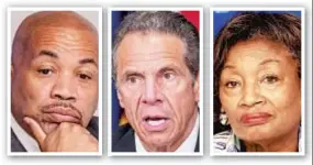  ??  ?? Gov. Cuomo (center) declared Sunday he wouldn’t quit over harassment allegation­s, and state Senate Majority Leader Andrea Stewart-Cousins (right) later insisted he “must resign,” while Assembly Speaker Carl Heastie (left) suggested he should consider stepping down.