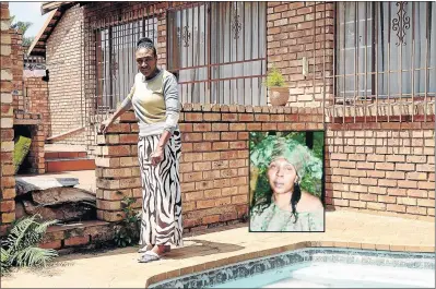  ?? PHOTO: MDUDUZI NDZINGI ?? Agnes Monamodi stands at the scene where the body of her elder sister Refilwe Rebecca Monamodi, inset, was found after she was allegedly strangled by her daughter and dumped into a swimming pool behind her house.