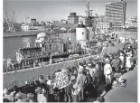  ??  ?? HMNZS Otago is welcomed home to Auckland upon returning from protesting nuclear testing at Mururoa Atoll.