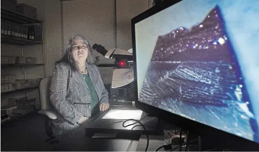  ?? MATHEW MCCARTHY WATERLOO REGION RECORD ?? Gerri Lynn Vardy sits next to a monitor showing a magnified paint chip at the Centre of Forensic Sciences in Toronto.