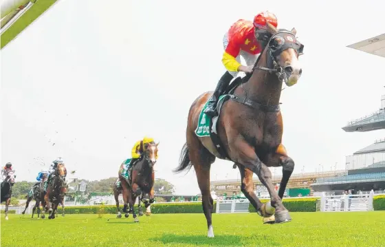  ?? Picture: AAP IMAGE/SIMON BULLARD ?? Jockey Tommy Berry rides Aim to victory at Randwick in his final lead-up race for today’s Magic Millions 2YO Classic.