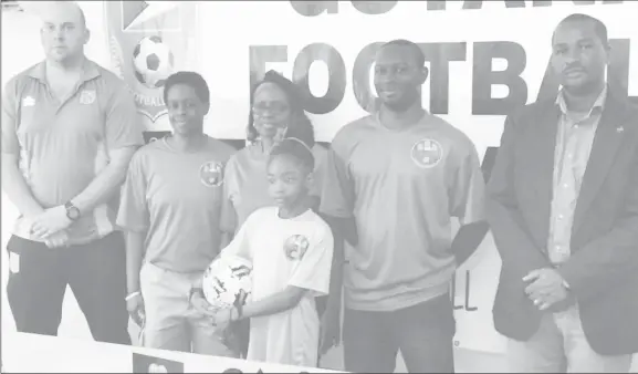  ??  ?? Guyana Football Federation president Wayne Forde, right, at the launch of the Summer Girls Academy Football Programme yesterday.