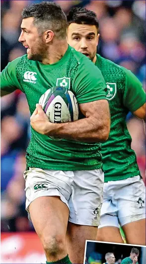  ??  ?? CHARGE:Rob Kearney running with he ball yesterday and (inset) Johnny Sexton goes off the field injured