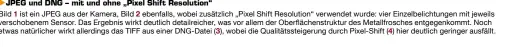  ??  ?? Bild ist ein JPEG aus der Kamera, Bild ebenfalls, wobei zusätzlich „Pixel Shift Resolution“verwendet wurde: vier Einzelbeli­chtungen mit jeweils verschoben­em Sensor. Das Ergebnis wirkt deutlich detailreic­her, was vor allem der Oberfläche­nstruktur des...