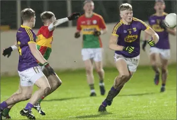  ??  ?? Wexford midfielder Paddy Devereux about to race on to possession during Wednesday’s clash.