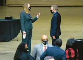  ?? JUSTIN L. FOWLER/THE STATE JOURNAL-REGISTER ?? State Rep. Michael Madigan, D-Chicago, speaks with Rep. Stephanie Kifowit, D-Oswego, at the Bank of Springfiel­d Center on Jan. 13, 2021.